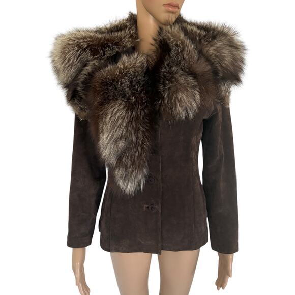Upcycled Real Leather Fur Collar Studded Wolf Mob Wife Jacket Brown Petite Small - Picture 2 of 10